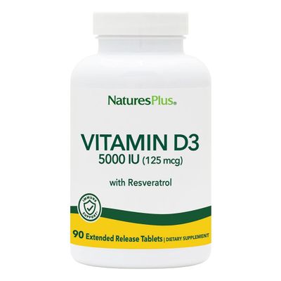 Natures Plus Vitamin D3, Extended Release - 90 Vegan Tablets - 5000 IU + 25 mg Trans-Resveratrol - Heart &amp; Bone Health, Immune System Support, Anti-Aging - Gluten Free - 90 Servings