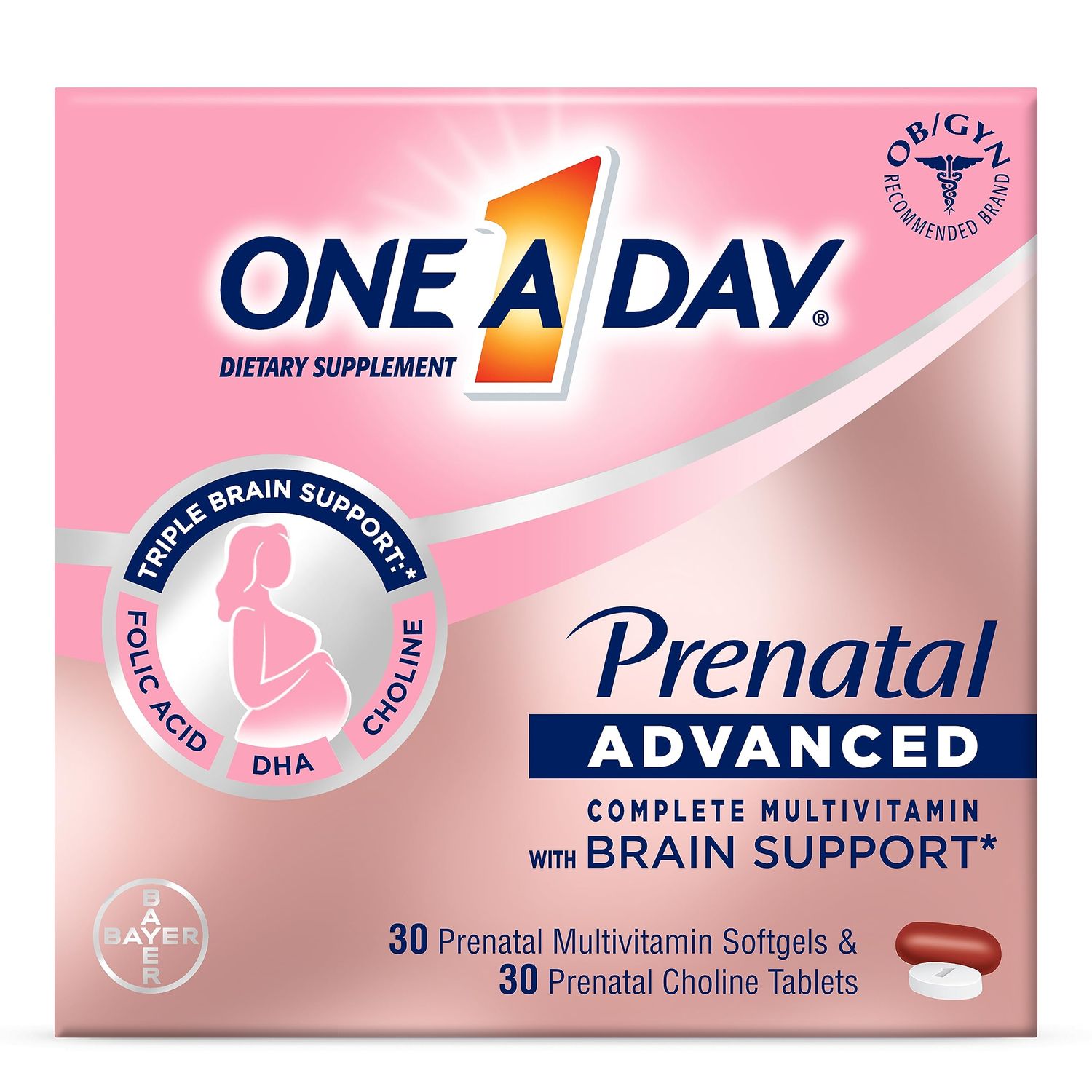 One A Day Womens Prenatal Advanced Complete Multivitamin with Brain Support* with Choline, Folic Acid, Omega-3 DHA &amp; Iron for Pre, During and Post Pregnancy, 30+30 Count (60 Total Set)