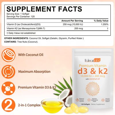 MXCZBSM Vitamin D3 K2 Supplement Softgel, Vitamin D3 K2 Softgel with 10000 IU Supports Immune, Heart, Teeth &amp; Bone Health, Free of GMO, Gluten, Soy