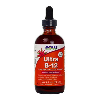 NOW Supplements, Ultra B-12, Liquid, 800 mcg Folic Acid, Cellular Energy Production*, 4-Ounce