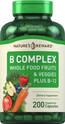 Piping Rock B Complex with Whole Food Fruits &amp; Veggies 200 Capsules | Plus Vitamin B-12 | Non-GMO &amp; Vegetarian Supplement