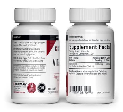 Kirkman - Vitamin D3 4000 IU - 120 Capsules - Supports Immune Health - Helps Build Strong Bones - Hypoallergenic