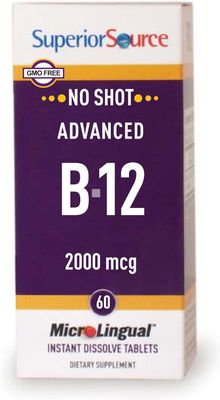 Superior Source No Shot Advanced B12 2000 mcg, Methylcobalamin and Adenosylcobalamin, Quick Dissolve MicroLingual Tablets, 60 Ct, Nervous System, Cardiovascular Health, Non-GMO