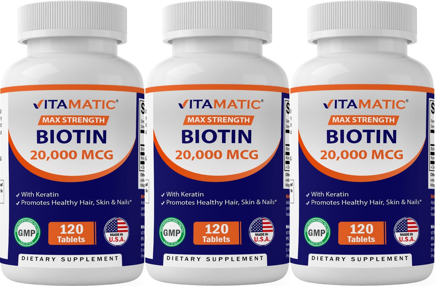 Vitamatic High Potency Biotin 20000 mcg (20mg) with Keratin 100mg - 120 Vegetarian Tablets - Biotin Supplements for Healthy Hair Skin &amp; Nails for Adults (120 Count (Pack of 3))