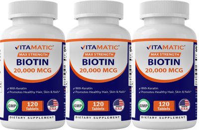 Vitamatic High Potency Biotin 20000 mcg (20mg) with Keratin 100mg - 120 Vegetarian Tablets - Biotin Supplements for Healthy Hair Skin &amp; Nails for Adults (120 Count (Pack of 3))