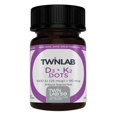 Twinlab Vitamin D3 1000 + K2 Dots - Bone &amp; Heart Health - Immune Support - 25 mcg, 60 Tablets (1000 IU)
