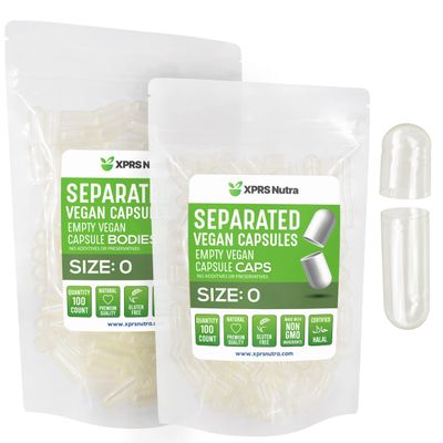 XPRS Nutra Vegan Size 0 Separated Capsules - 100 Count Premium Empty Capsules Separated in Bags - Clear Separated Empty 0 Capsules - Pill Capsules Empty for DIY Supplement Filling