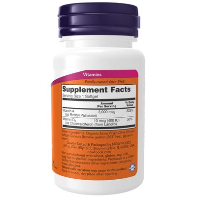 NOW Supplements, Vitamin A &amp; D 10,000/400 IU, Eye Health*, Essential Nutrition, 100 Softgels