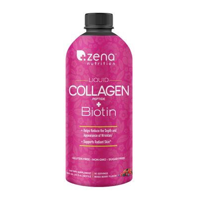 Zena Liquid Collagen 30 FL Oz for Women &amp; Men, Collagen Peptides + Biotin 5000mcg, Verisol Collagen 2500mg, Sugar &amp; Gluten Free, Berry, 90 Servings