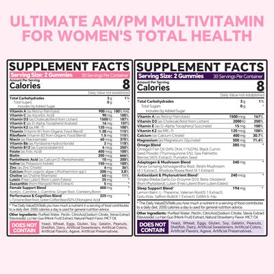 Multivitamin for Women AM &amp; PM - Melatonin Free with w/Algae Calcium,Omega-3,Vitamin D3K2,Magnesium for Energy &amp; Relaxation,Rest,Skin,Hair Support - Sugar Free, 24-Hour Support, Vegan,120 Count
