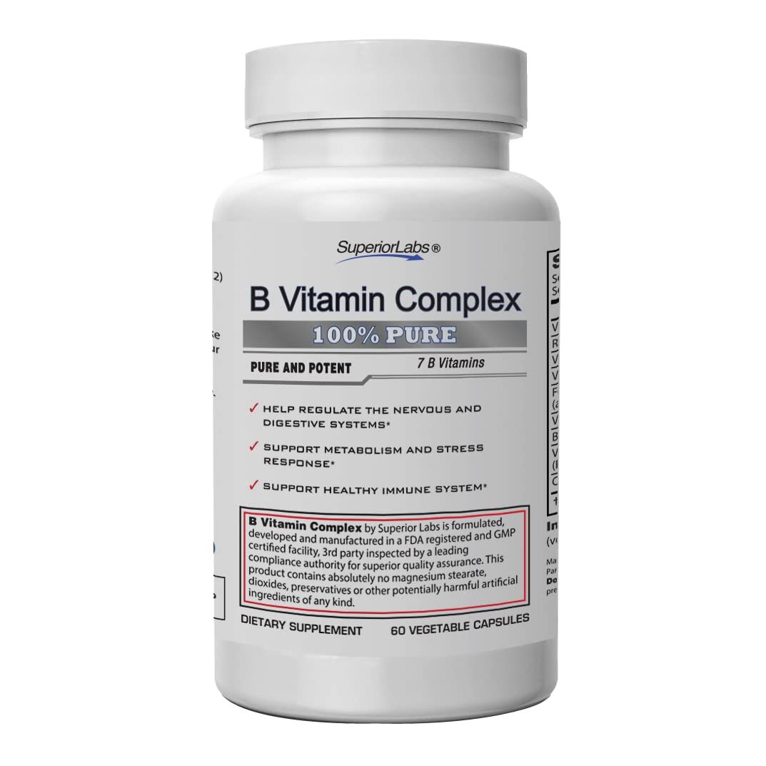 Superior Labs B Vitamin Complex - Superior Absorption - 100% NonGMO Safe from Additives, Stearates, Gluten and Other Allergens - Regulate Digestive System and Support Metabolism - 60 Vegetable Caps