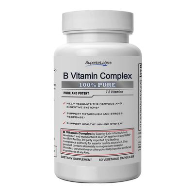 Superior Labs B Vitamin Complex - Superior Absorption - 100% NonGMO Safe from Additives, Stearates, Gluten and Other Allergens - Regulate Digestive System and Support Metabolism - 60 Vegetable Caps