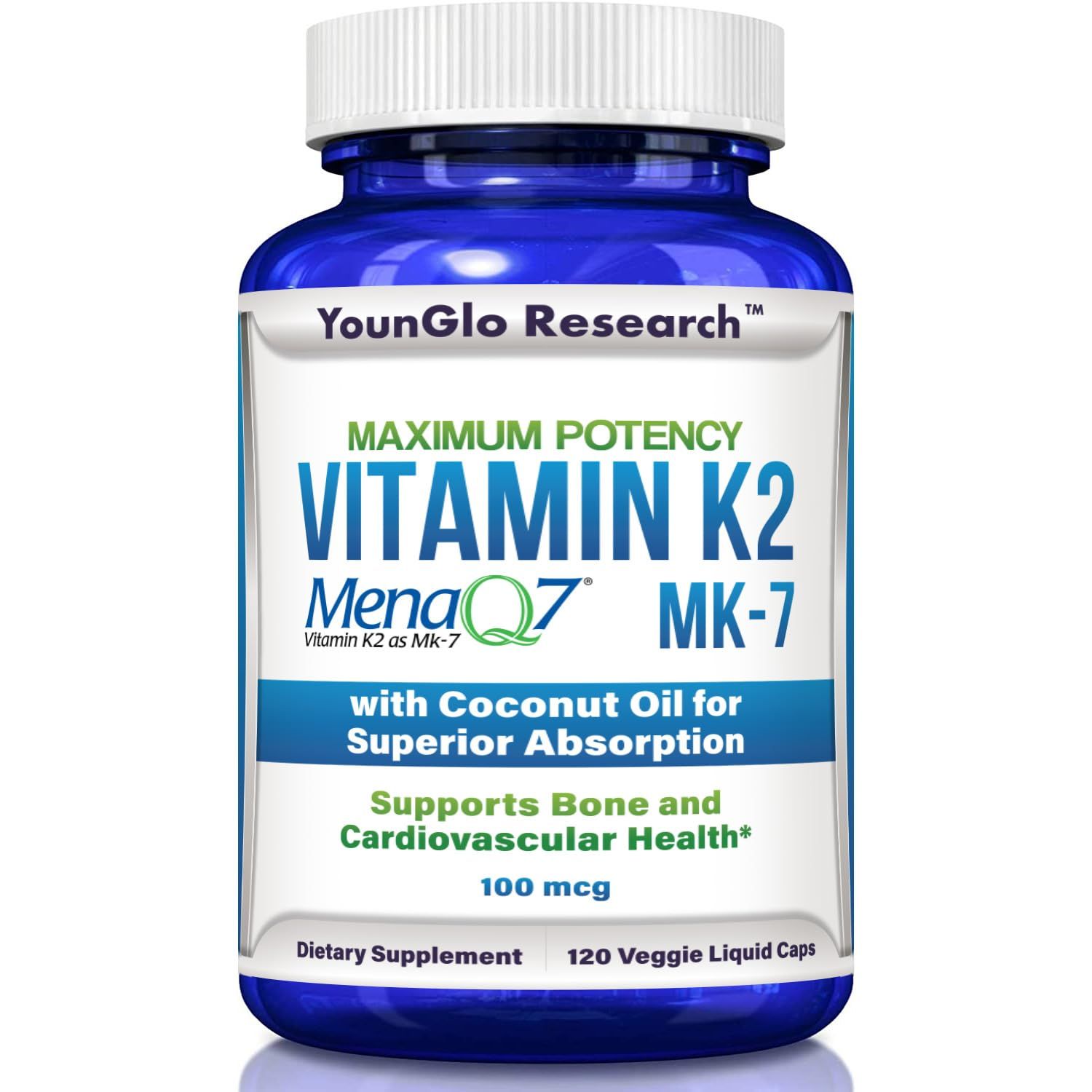 YounGlo Research Vitamin K2 MK7 (MenaQ7) 100 mcg w/Coconut Oil for Superior Absorption, Dietary Health Supplement, 120 Vegan Liquid Capsules to Support Bone Strength &amp; Density for Adults Women &amp; Men