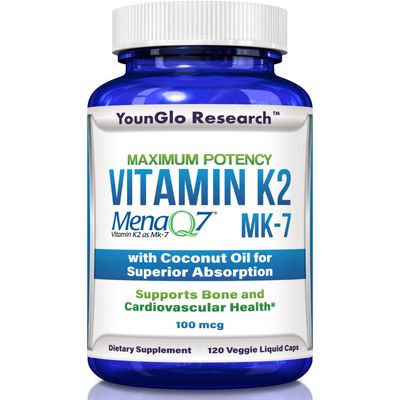 YounGlo Research Vitamin K2 MK7 (MenaQ7) 100 mcg w/Coconut Oil for Superior Absorption, Dietary Health Supplement, 120 Vegan Liquid Capsules to Support Bone Strength &amp; Density for Adults Women &amp; Men
