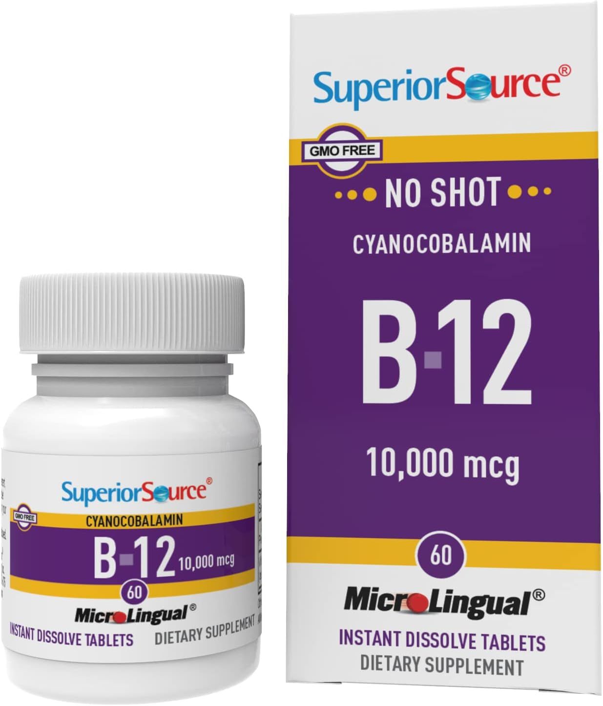 Superior Source No Shot Vitamin B12 Cyanocobalamin 10000 mcg, Quick Dissolve MicroLignual Tablets, 60 Count B12 Supplement to Increase Metabolism and Energy Production, Nervous System Support, Non-GMO
