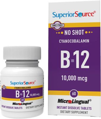 Superior Source No Shot Vitamin B12 Cyanocobalamin 10000 mcg, Quick Dissolve MicroLignual Tablets, 60 Count B12 Supplement to Increase Metabolism and Energy Production, Nervous System Support, Non-GMO