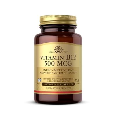 SOLGAR Vitamin B12 500 mcg - 100 Vegetable Capsules - Energy Metabolism &amp; Nervous System Support - Non-GMO, Vegan, Gluten &amp; Dairy Free, Kosher, Halal - 100 Servings