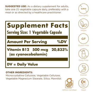 SOLGAR Vitamin B12 500 mcg - 100 Vegetable Capsules - Energy Metabolism &amp; Nervous System Support - Non-GMO, Vegan, Gluten &amp; Dairy Free, Kosher, Halal - 100 Servings