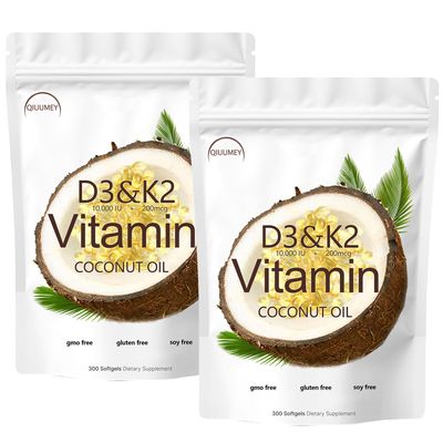 D3 + K2 Coconut Oil Soft Gels, Vitamin D3 10000 iu Plus K2 (MK-7) 200 mcg, Vitamin D3 K2 Supplement Softgels, Replenish Vitamin D3 K2 Coconut Oil Softgels 300 Gels