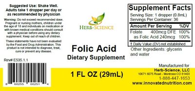 Herb-Science Liquid Vitamin B9 Folic Acid Supplements - VIT B Drops for Brain & Digestive Function, Liver Support - Gluten-Free, Non-GMO, Vegan - Nutritional Supplement for Adults - 1 fl. oz.