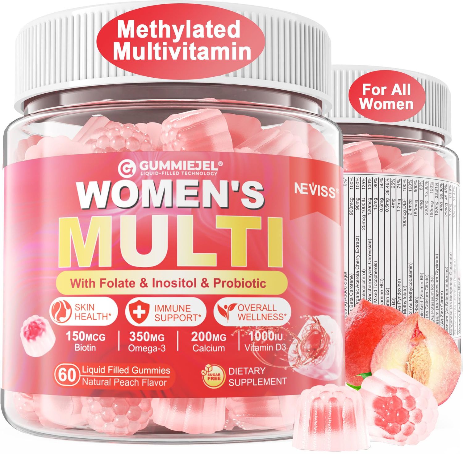 NEVISS Womens Multivitamin Gummies, Sugar-Free Methylated Multivitamin for Women/w Omega-3, Enzymes &amp; Probiotic, Calcium, Vitamin C, D3, Folate, Biotin, Inositol - Skin, Hair Growth, All Over Health.