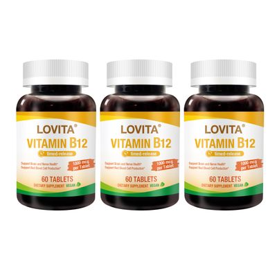 Lovita Vitamin B12 1000 mcg (B12 Vitamins as Cyanocobalamin), Timed Release B12, Vegan-Friendly, Supports Nervous System, 60 Vegetarian Tablets (2 Month Supply) (Pack of 3)