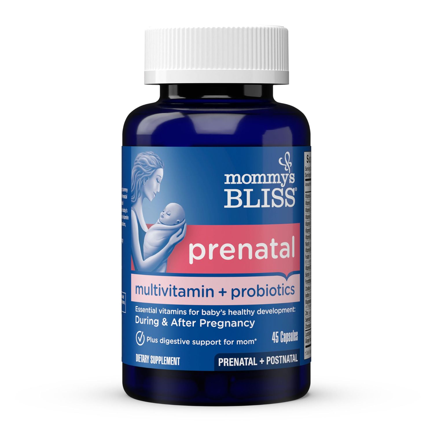 Mommy&#39;s Bliss Prenatal Multivitamin + Probiotic for Women w/ Folic Acid, Supports Baby Development &amp; Mom&#39;s Digestion w/ Zinc, Vitamin B6 &amp; B12, Ginger &amp; Choline, Vegan &amp; Gluten Free (45 Servings)