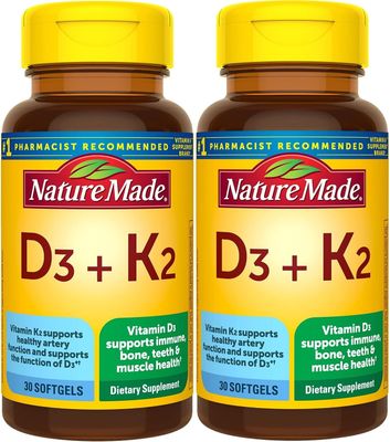 Nature Made Vitamin D3 K2, 5000 IU (125 mcg) Vitamin D, Dietary Supplement for Bone, Teeth, Muscle and Immune Health Support, 30 Softgels, 30 Day Supply - Pack of 2