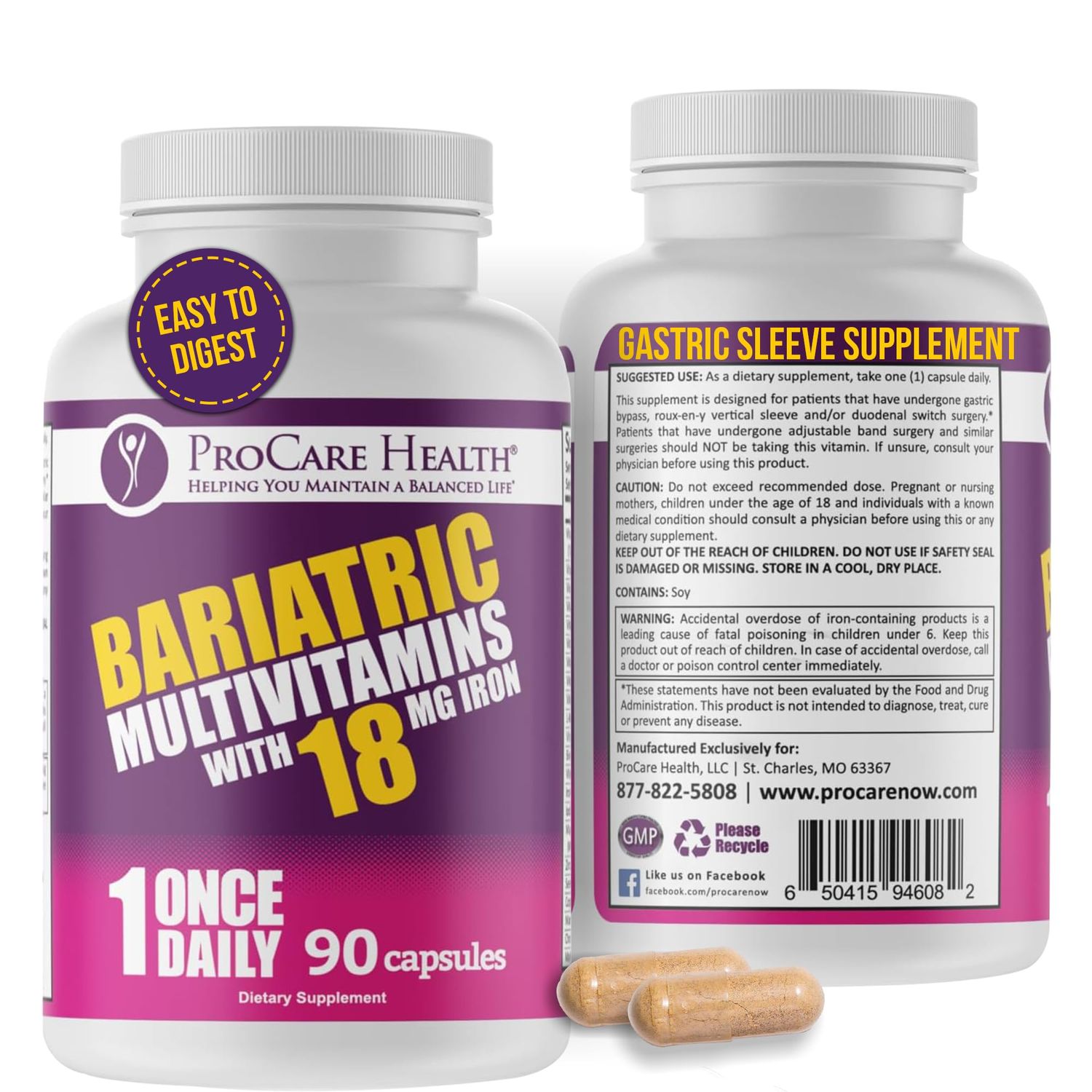 ProCare Health Bariatric Multivitamin with Iron 18mg (03 Month Supply) - Post-Op Bariatric Vitamins for Gastric Bypass Bariatric Surgery Patients, Supports Recovery (90 Easy to Swallow Capsules)