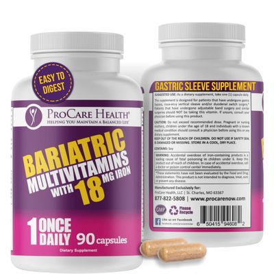 ProCare Health Bariatric Multivitamin with Iron 18mg (03 Month Supply) - Post-Op Bariatric Vitamins for Gastric Bypass Bariatric Surgery Patients, Supports Recovery (90 Easy to Swallow Capsules)