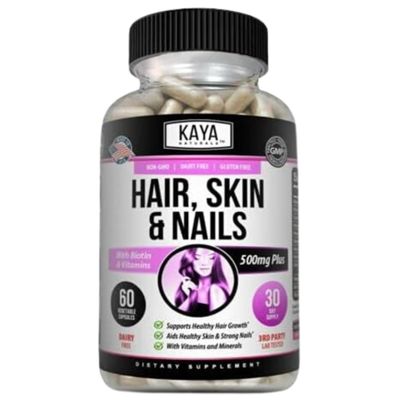 Kaya Naturals Hair Skin Nail Capsules BIOTIN Vitamin D Vitamin B-12 A Folic Acid Support, Hair Support Vitamin Supplement