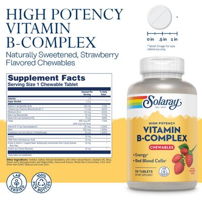 Solaray Vitamin B-Complex Chewables, Strawberry, Healthy Energy, Red Blood Cell, Stress &amp; Metabolism Support, 50 Tablets