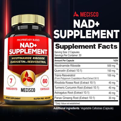 NAD+ Supplement with Nicotinamide Riboside 900 mg Per Serving w/Quercetin, Resveratrol, Turmeric, Rhodiola Rosea, Astragalus, Ginseng - Cellular Energy & Repair, Vitality, Healthy Aging - 60 Count