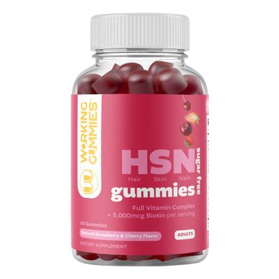 Working Gummies HSN Gummies - Hair Skin and Nails Gummies - Sugar Free Biotin Gummies 5000mcg with Full Vitamin Complex for Hair Growth, Healthy Skin, Nail Strength - 60 Ct Strawberry &amp; Cherry Flavor