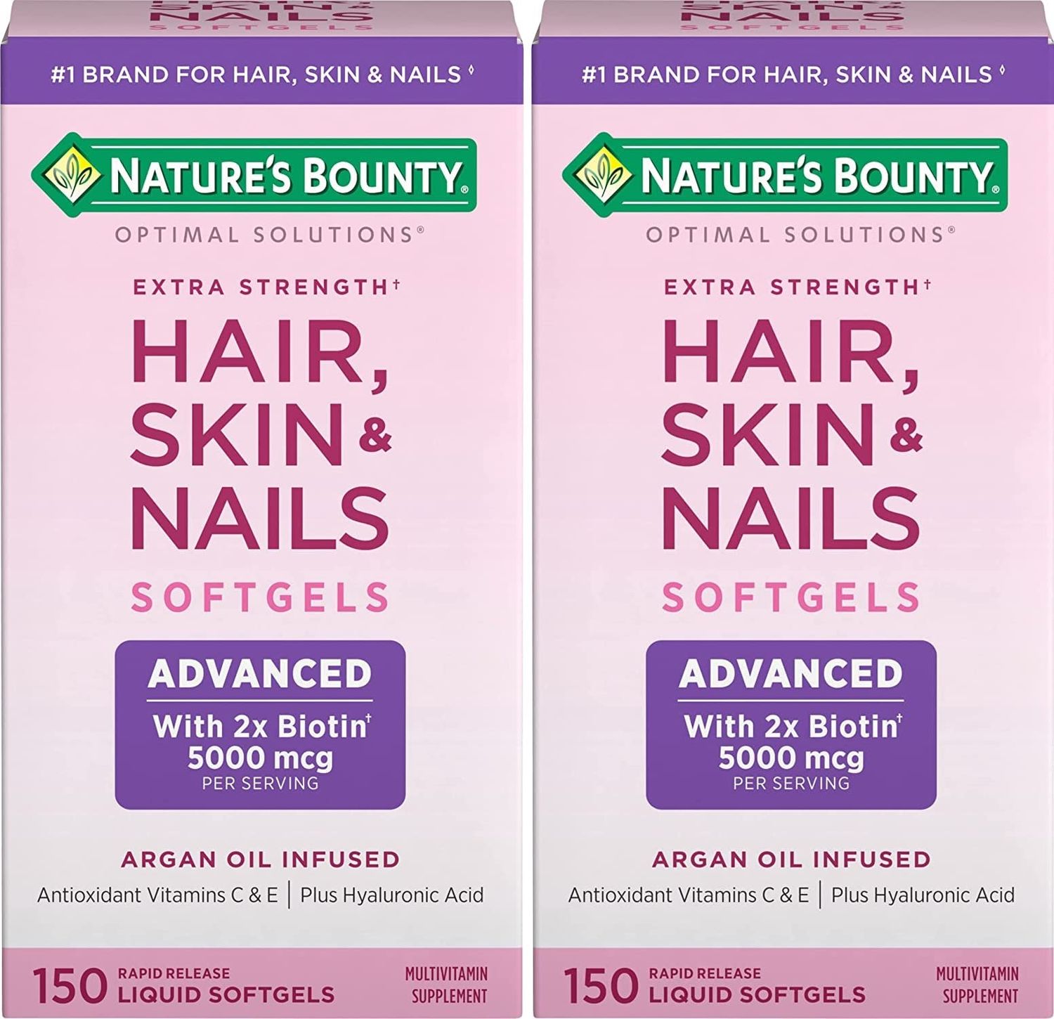 Nature&#39;s Bounty Hair, Skin &amp; Nails Rapid Release Softgels, Argan-Infused Vitamin Supplement with Biotin and Hyaluronic Acid, Supports Hair, Skin, and Nail Health for Women, 150 Count (Pack of 2)
