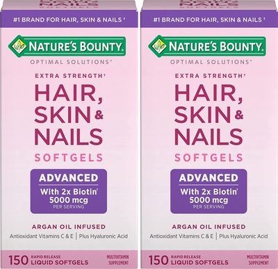Nature&#39;s Bounty Hair, Skin &amp; Nails Rapid Release Softgels, Argan-Infused Vitamin Supplement with Biotin and Hyaluronic Acid, Supports Hair, Skin, and Nail Health for Women, 150 Count (Pack of 2)