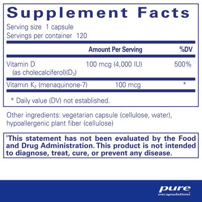 Pure Encapsulations Vitamin D3 &amp; K2 | Bone and Vascular Health Support | 120 Capsules*