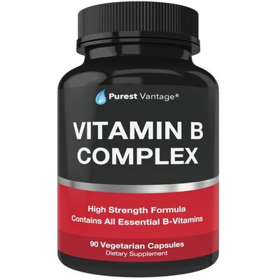 Purest vantage Vitamin B Complex Vitamins B12, B1, B2, B3, B5, B6, B7, B9, Folic Acid - Super B Complex Vitamins for Women, Men, Adults - 90 Vegetarian Capsules