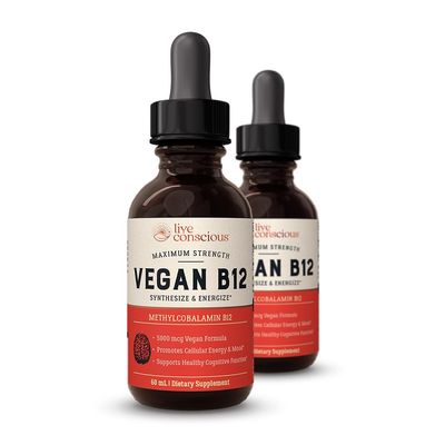 Live Conscious Vegan Vitamin B12 Sublingual Liquid Drops Methylcobalamin Max Strength B12 5000mcg Formula - Vegan B 12 Vitamin Support Energy, Promote Memory &amp; Aid Immune System (2 Pack)