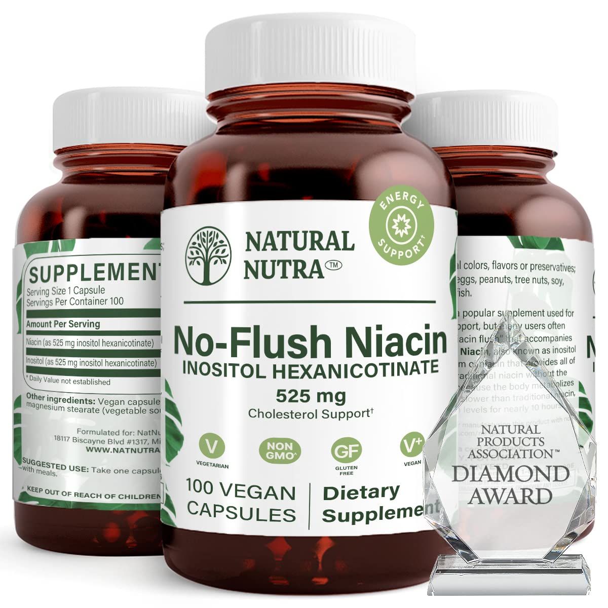 Natural Nutra No Flush Niacin, Vitamin B3 Supplement, Helps Heart Health, Promotes Skin Texture, Helps Boost Energy Level 525 mg, 100 Capsules