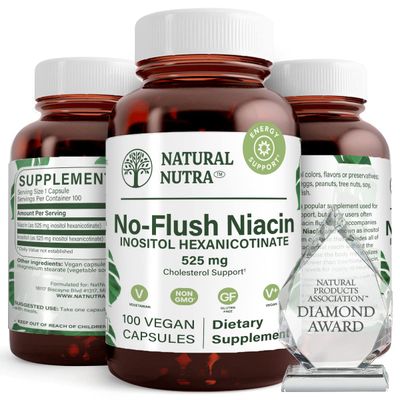 Natural Nutra No Flush Niacin, Vitamin B3 Supplement, Helps Heart Health, Promotes Skin Texture, Helps Boost Energy Level 525 mg, 100 Capsules