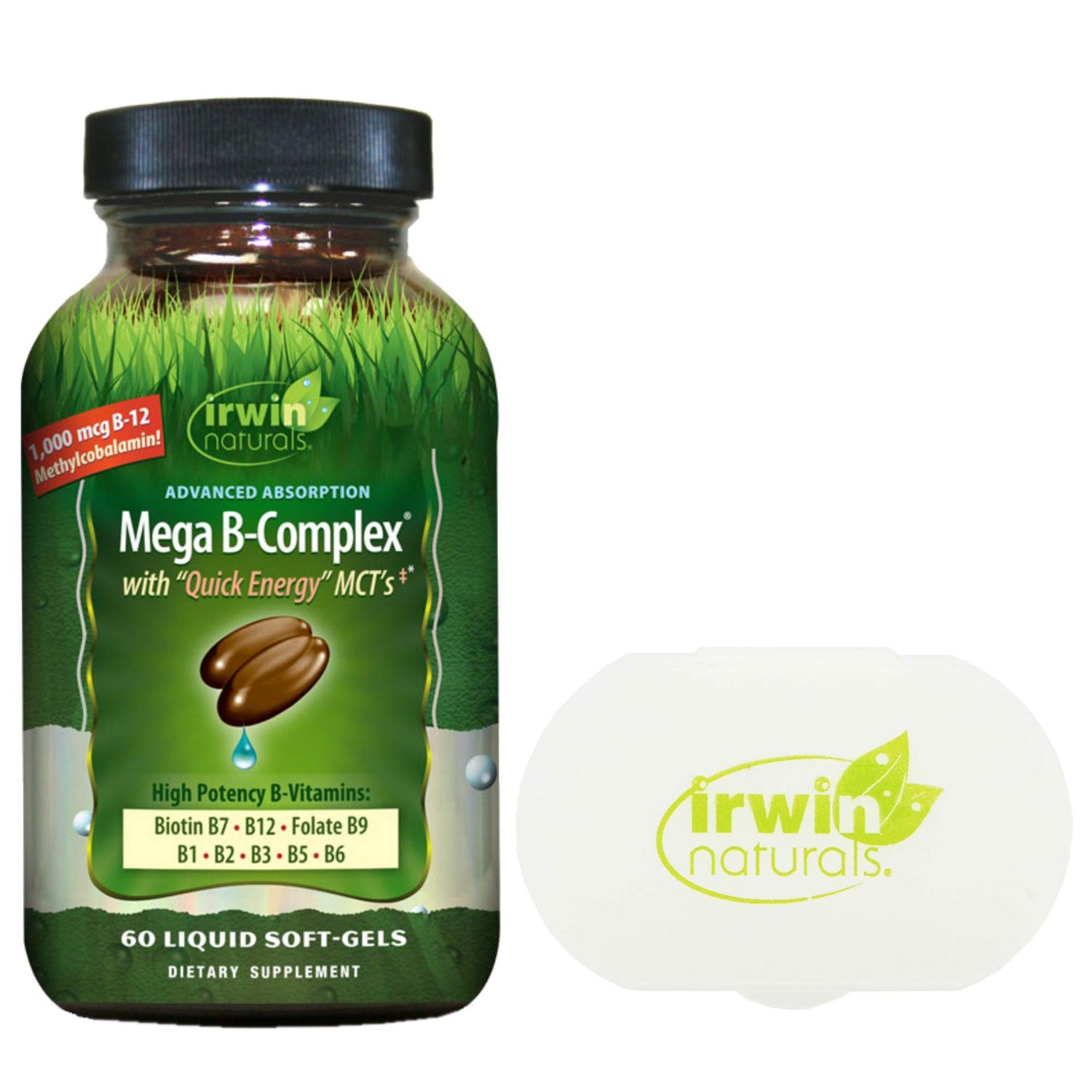 Irwin Naturals Mega B Complex - Vitamin B Complex - Vitamin B12, Folate B9, Biotin B7, B1, B2, B3, B5 and B6 with Quick Energy MCT&#39;s - 60 Liquid Softgels Bundle with Pill Case