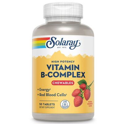 Solaray Vitamin B-Complex Chewables, Strawberry, Healthy Energy, Red Blood Cell, Stress &amp; Metabolism Support, 50 Tablets