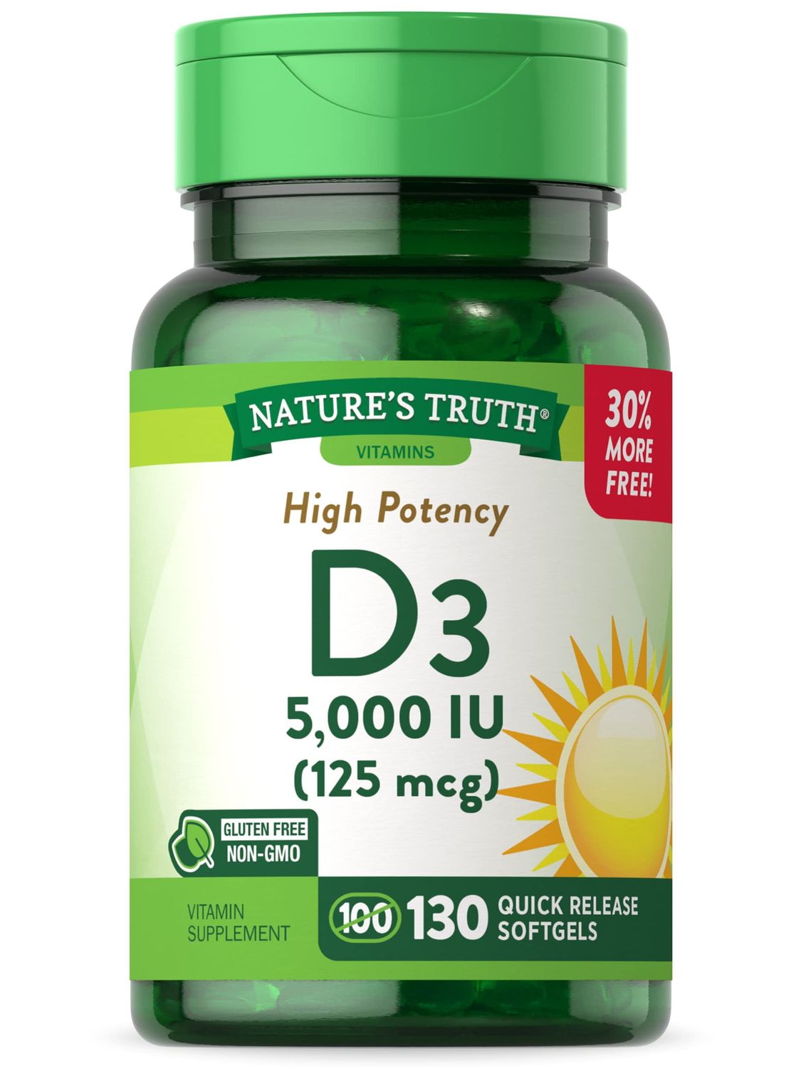 Nature&#39;s Truth Vitamin D3 5000 IU Softgels | 130 Count | High Potency | Non-GMO &amp; Gluten Free Supplement