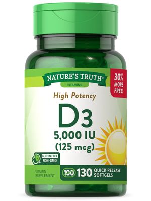 Nature&#39;s Truth Vitamin D3 5000 IU Softgels | 130 Count | High Potency | Non-GMO &amp; Gluten Free Supplement