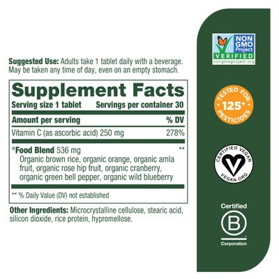 MegaFood Complex C - Vegan Immune Support Supplement with Vitamin C 250 mg, Made with Real Food Including Orange, Cranberry & Brown Rice, Gluten-Free, Kosher - 30 Tablets, 30 Servings