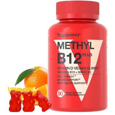 Vegan Vitamin B12 Gummies with Vitamin D - 90 Count I 1000 MCG Methyl B12 &amp; D3 5000 IU Chewable Gummies Supplements for Adults &amp; Kids - Supports Bone Health &amp; Daily Energy Boost - Non-GMO, Orange