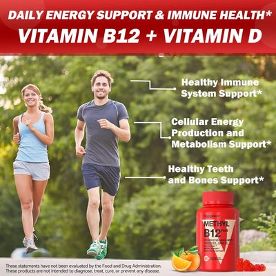 Vegan Vitamin B12 Gummies with Vitamin D - 90 Count I 1000 MCG Methyl B12 &amp; D3 5000 IU Chewable Gummies Supplements for Adults &amp; Kids - Supports Bone Health &amp; Daily Energy Boost - Non-GMO, Orange