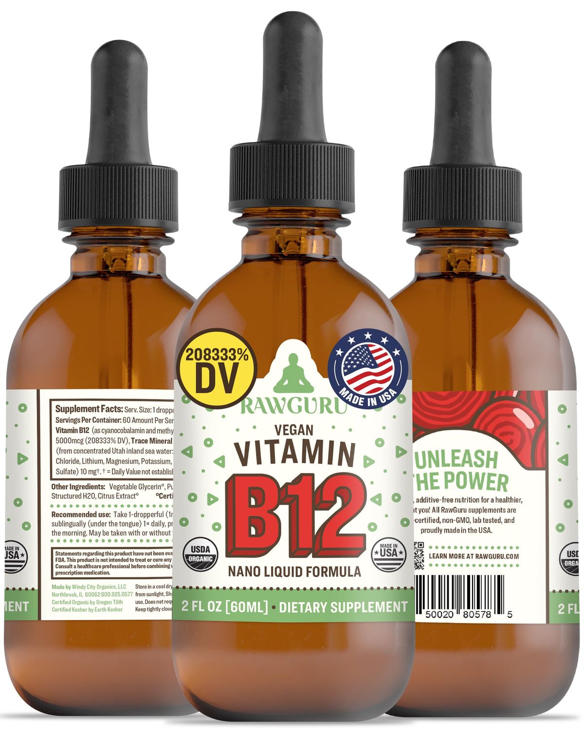 RawGuru Vitamin B12 Liquid Supplement - Organic Vegan Liquid B12 with Trace Minerals - Nano-Processed Antioxidant &amp; Immune Support Supplement Tincture - 60 Servings of Vegan Drops per 60 ml, Pack of 1