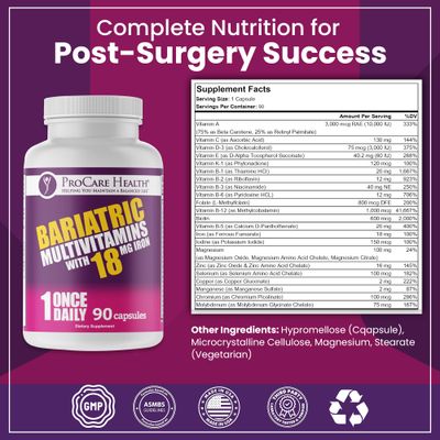ProCare Health Bariatric Multivitamin with Iron 18mg (03 Month Supply) - Post-Op Bariatric Vitamins for Gastric Bypass Bariatric Surgery Patients, Supports Recovery (90 Easy to Swallow Capsules)